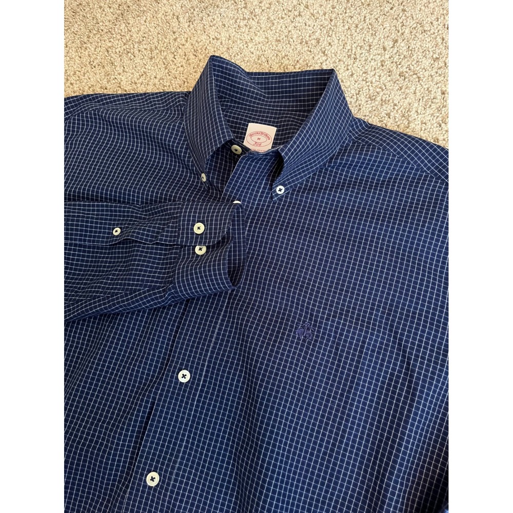 Brooks Brothers Men Button Down Shirt M Navy Blue Regular Fit Grid Long Sleeve